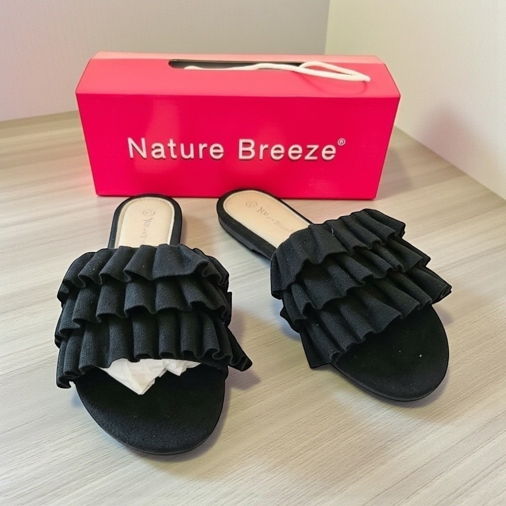 Nature Breeze Rolin-01 Womens Black Ruffle Tiered Faux Suede Slide Sandals 8 NEW